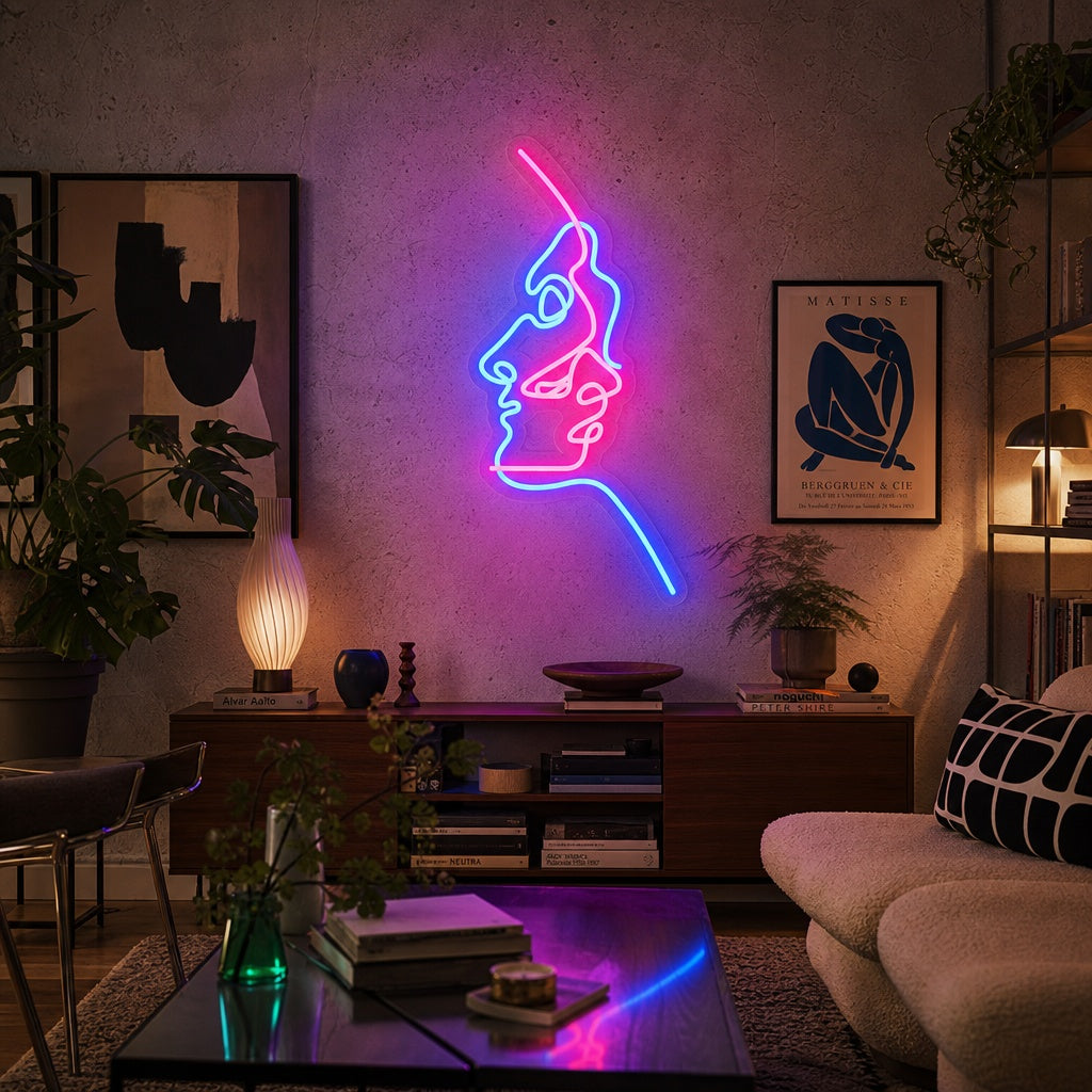 A lifestyle photo showing the Abstract Two Faces Neon Sign glowing on an exposed brick wall above a cozy seating area in a modern loft.