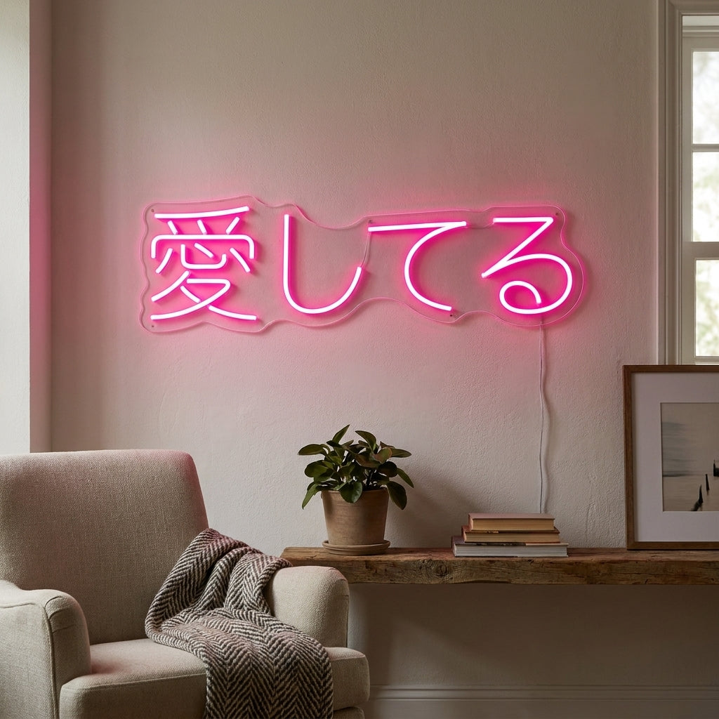 Aisheteru Japanese neon sign displaying 'I Love You' text above a stylized heart and waves on a textured dark wall, glowing with warm pink light.