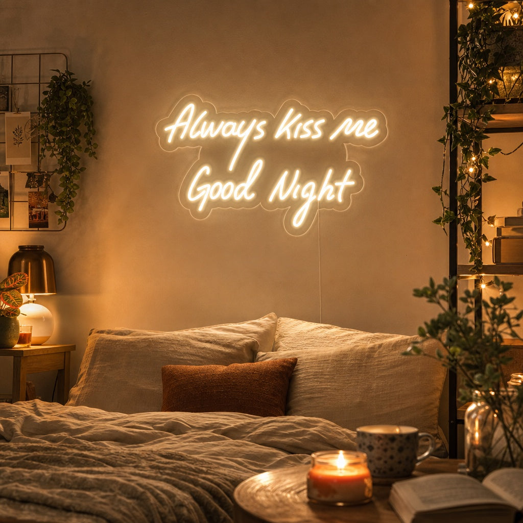 A cozy bedroom setting featuring the 'Always Kiss Me Good Night' neon sign mounted on the wall above the bed, casting a warm glow.