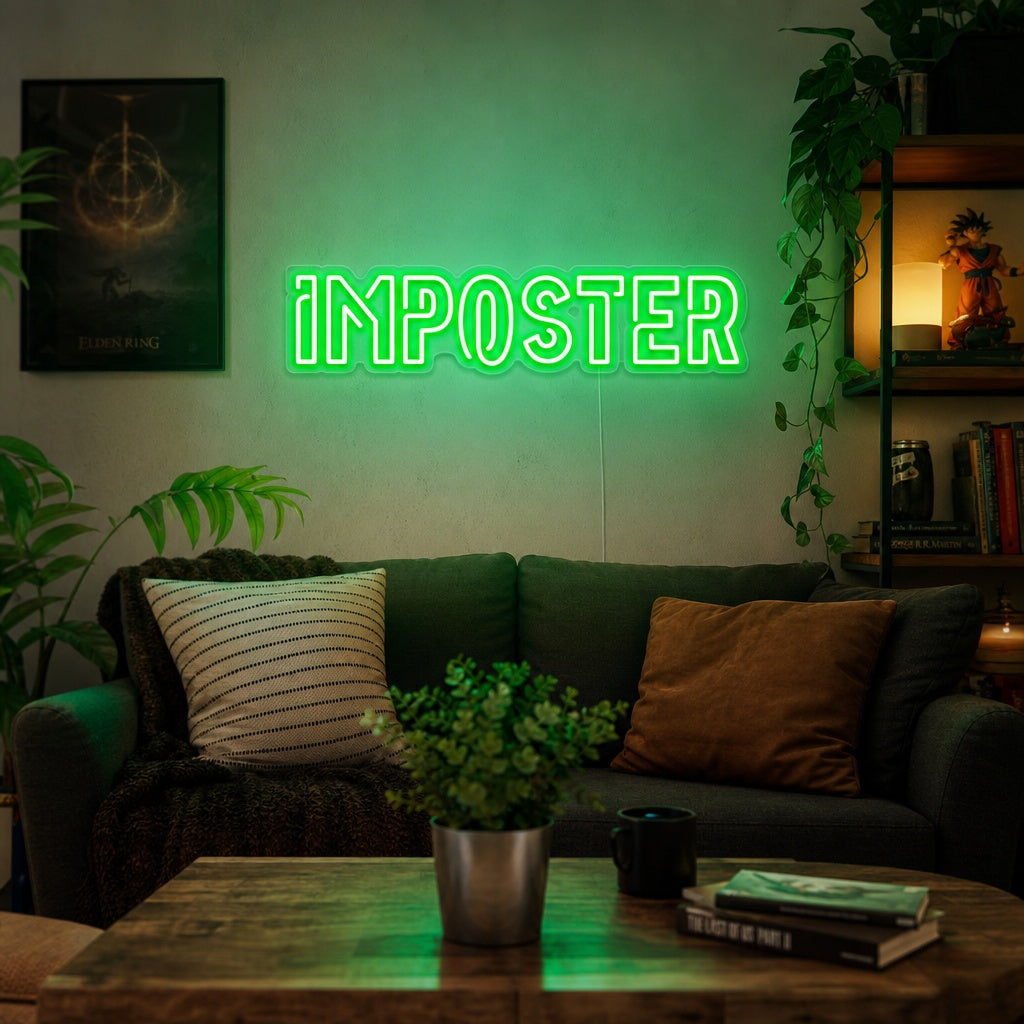 Vibrant red neon sign depicting the classic 'Imposter' character figure from the popular social deduction game, glowing against a dark textured wall in a modern gaming room setup with LED accents and furniture.