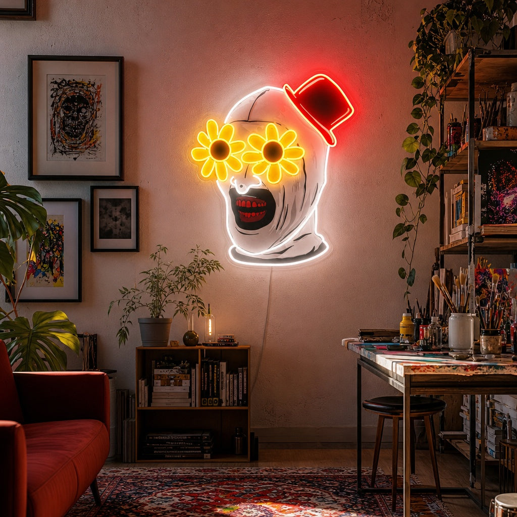 A wall-mounted neon sign depicting Art the Clown from the Terrifier movie, glowing red in a dimly lit, cozy room with exposed brick walls, a modern armchair, and a side table with a glass. This is a mockup showing the product in a real-world setting.