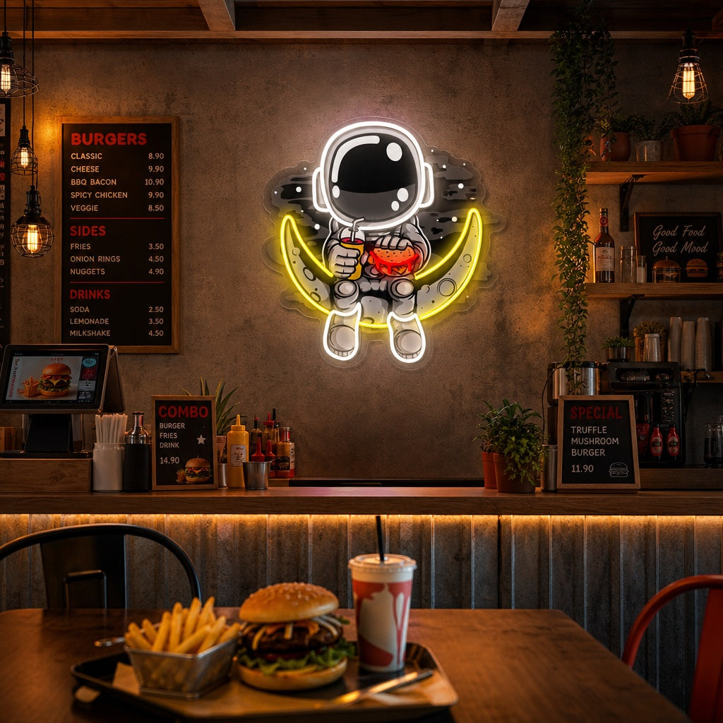 Astronaut Burger UV printed neon wall sign, glowing astronaut sitting on a hamburger design on acrylic backing