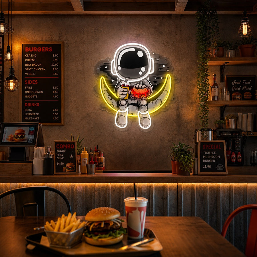 Astronaut Burger UV printed neon wall sign, glowing astronaut sitting on a hamburger design on acrylic backing