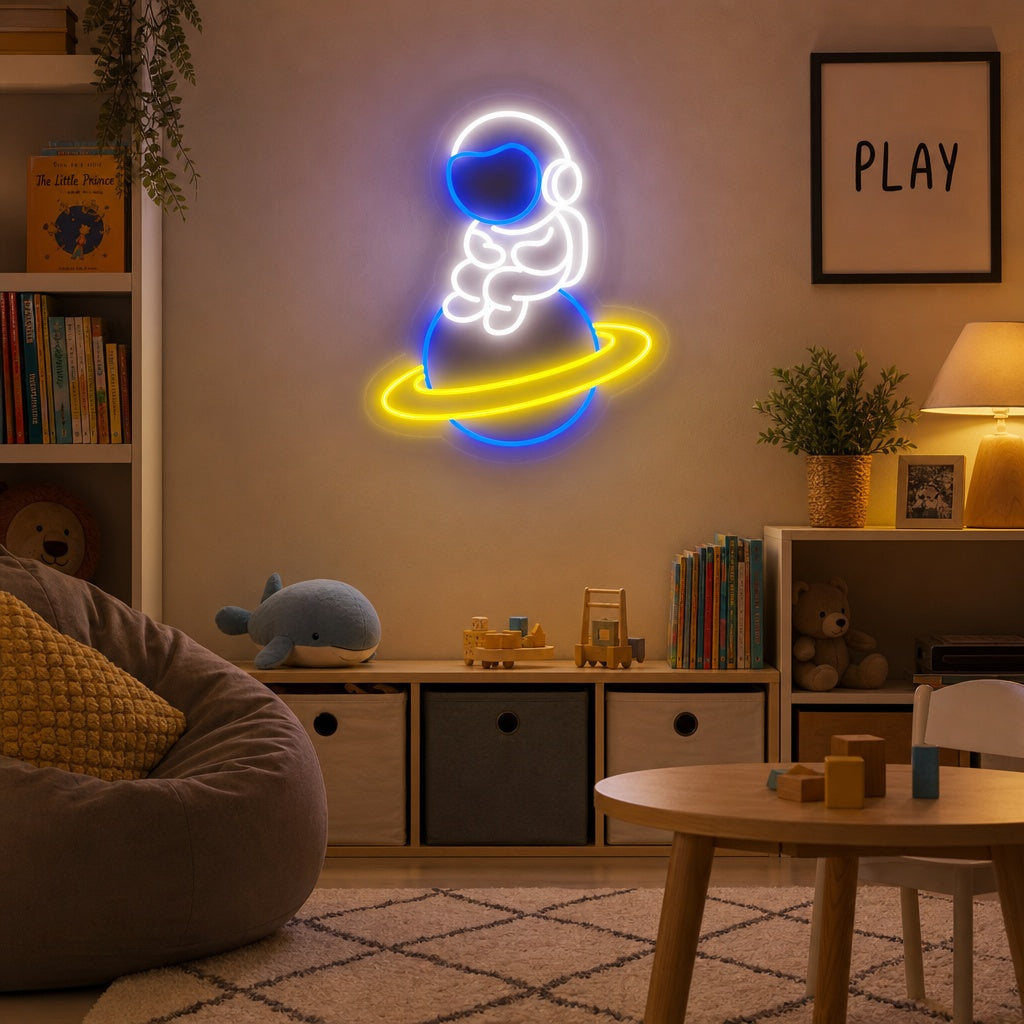 A lifestyle photo of the Astronaut Spaceman Sitting On Planet neon sign glowing orange above a small desk in a room with a space-themed poster.