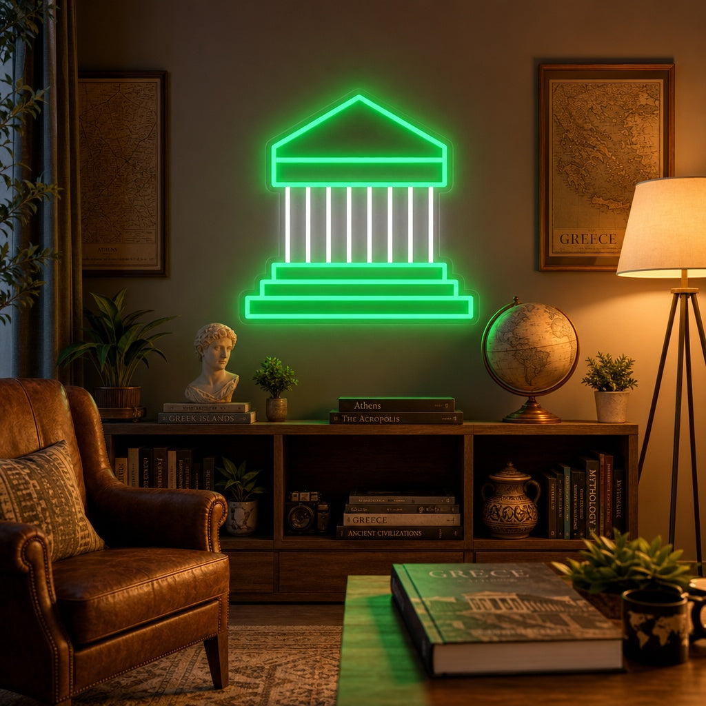 Athens Acropolis Parthenon neon sign glowing in a modern living room setting