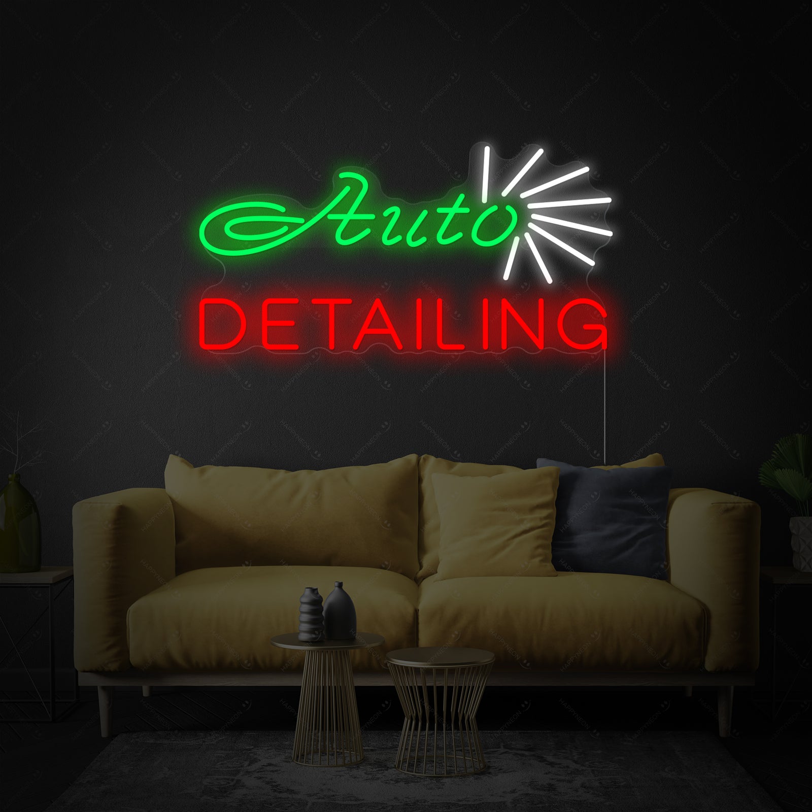 Detailed rendering of the 'Auto Detailing Shop' neon sign design featuring clear tube structures on a transparent acrylic backing.
