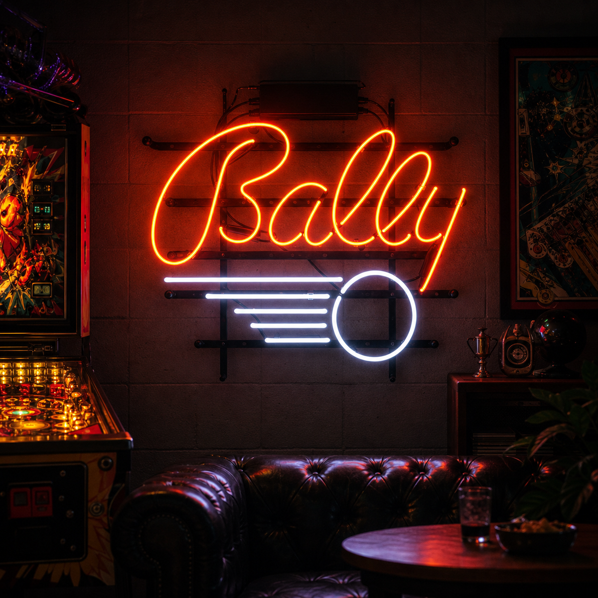 Classic glass tube BALLY PINBALL neon sign glowing with red, yellow, and blue light on a wooden wall structure.