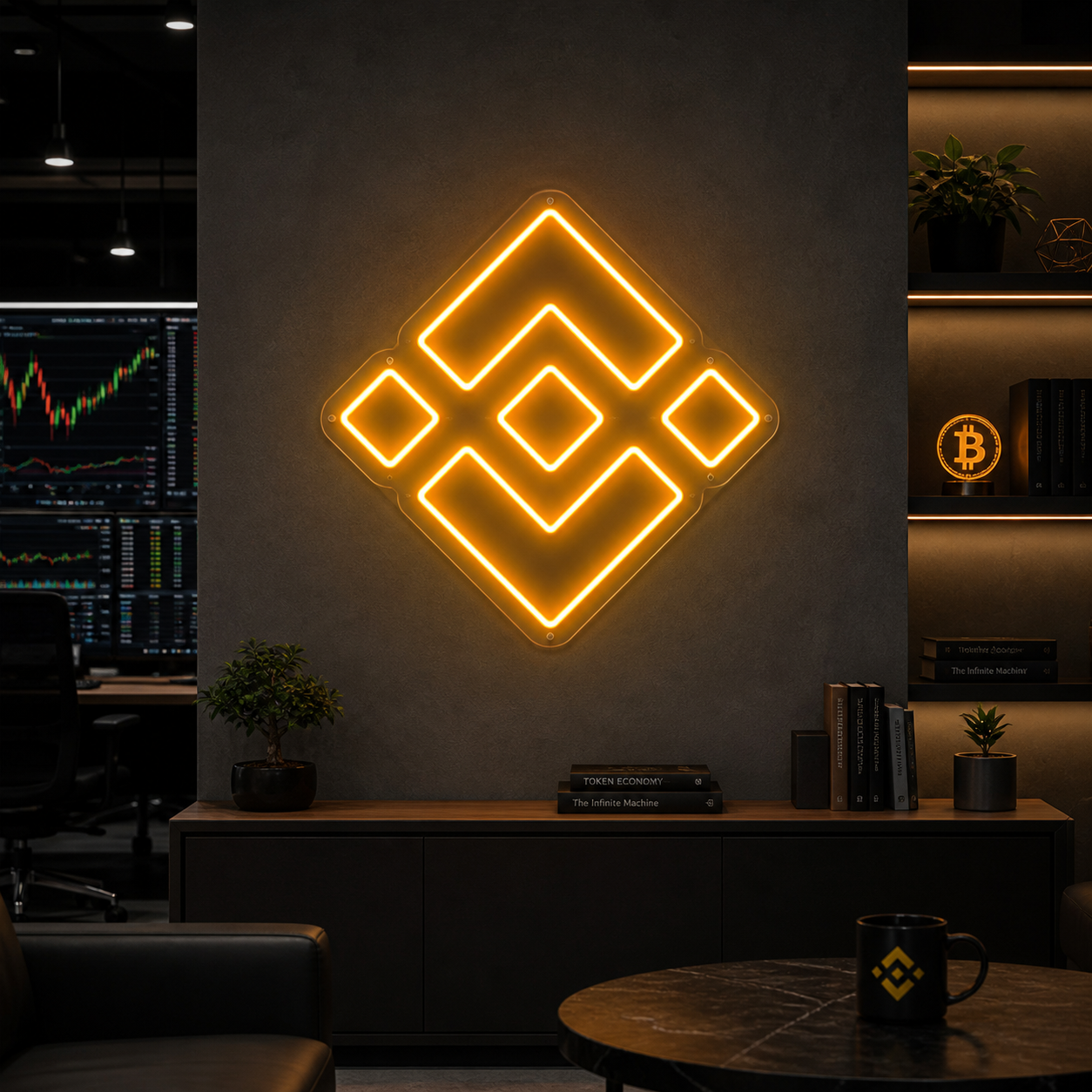 BNB Binance neon sign displayed above a sleek desk setup.