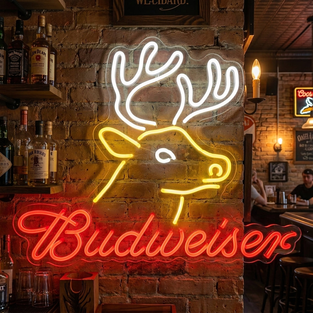 Bud DEER neon sign featuring the 'Bud' text and a deer head graphic