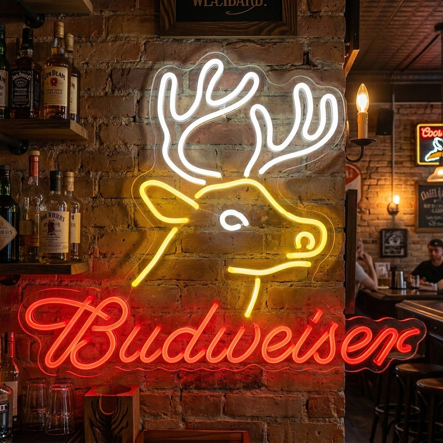 Bud DEER neon sign featuring the 'Bud' text and a deer head graphic