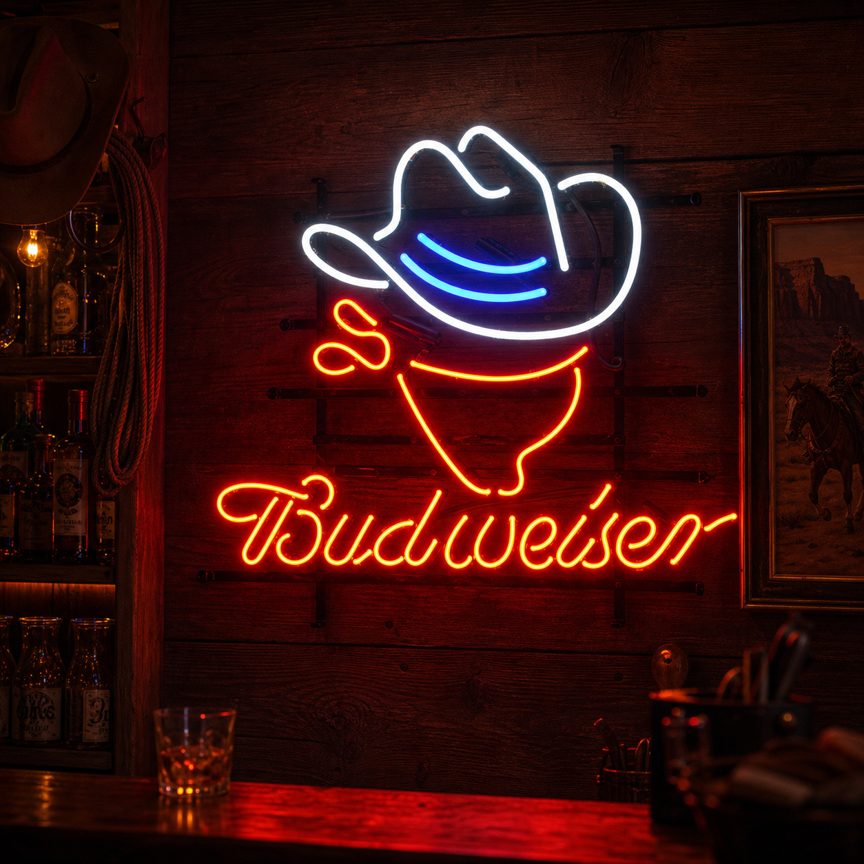 A vintage-style 'Bud Cowboy' neon sign with red and blue glass tubes glowing on a metal frame, featuring a cowboy profile and the word 'Bud'.