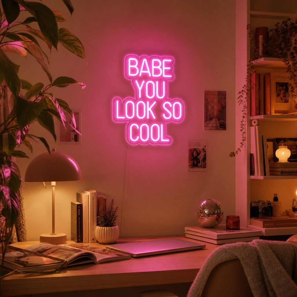 Stylized 'Babe You Look So Cool' neon sign glowing softly on a bedroom wall above a cozy bed with pillows and plants.