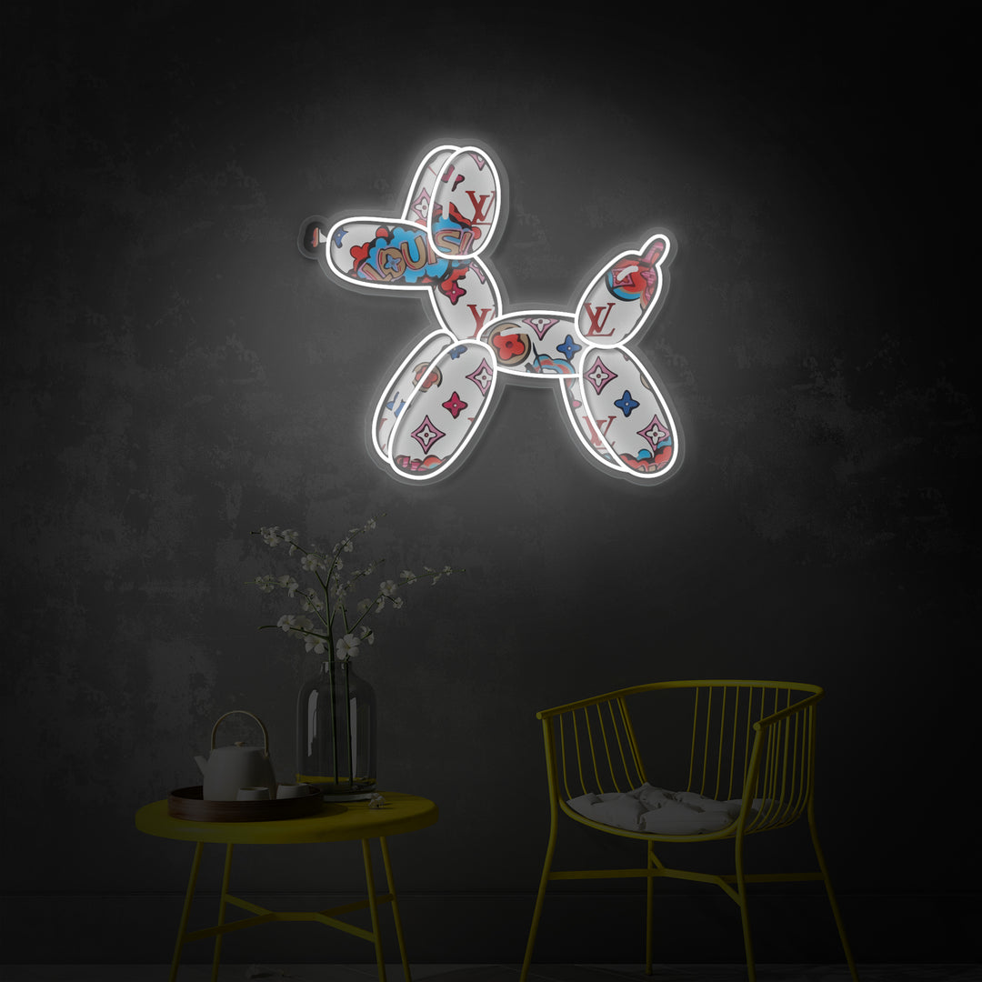 Close-up of the glowing Balloon Dog neon sign with clear UV print details against a dark blue brick wall at night.