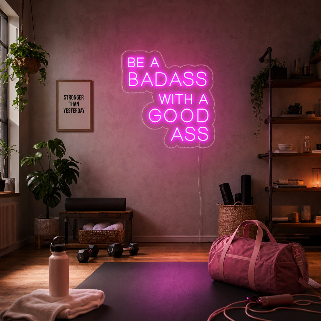 A vibrant 'Be A Bad Ass With A Good Ass' neon sign glowing red in a modern home gym setting with workout equipment.