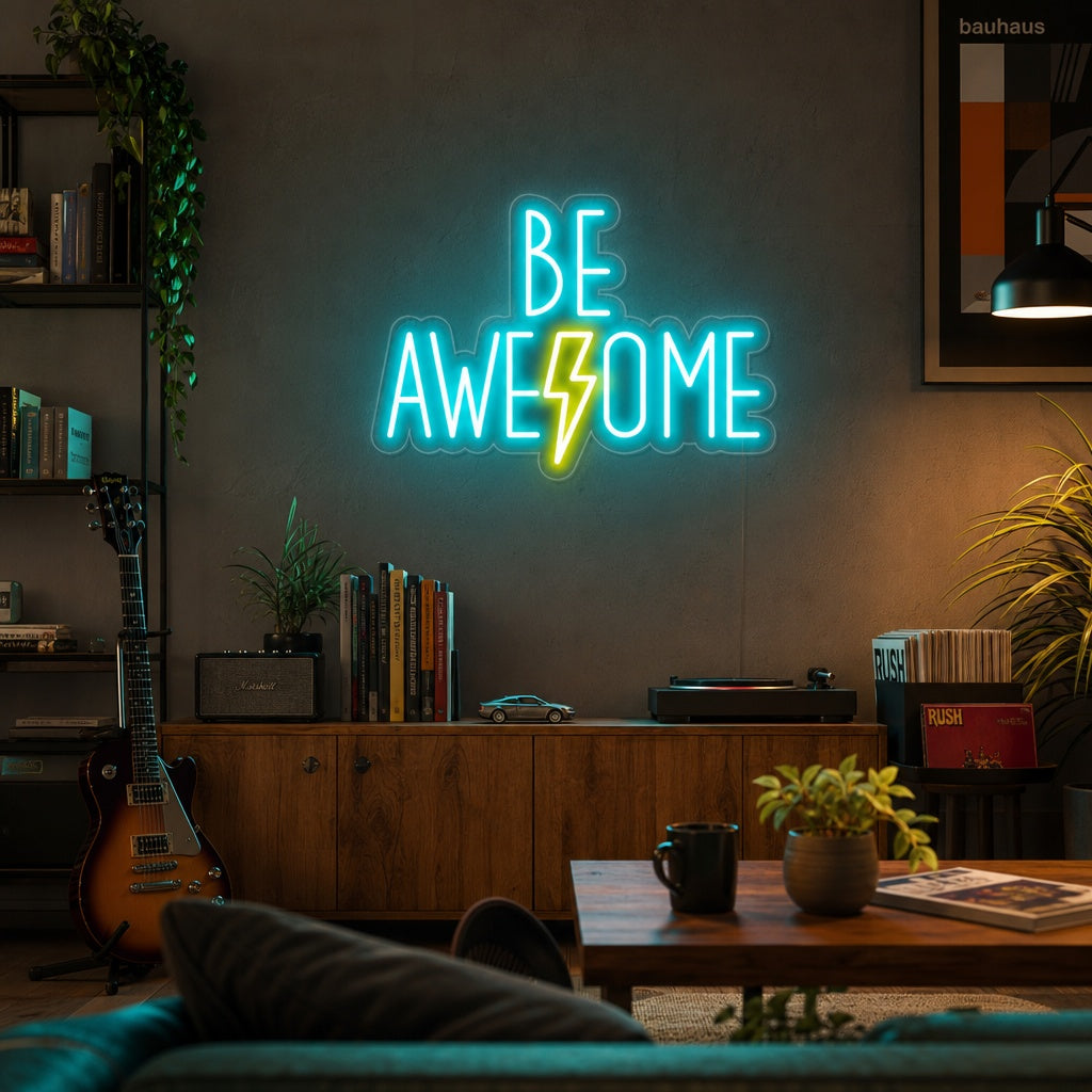 A vibrant 'Be Awesome' quote neon sign glowing in a stylish, modern interior setting.