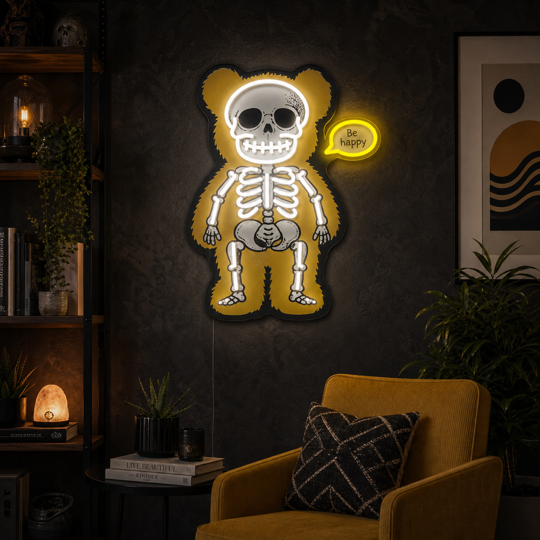 A graphic of a neon sign depicting an illustrative skeleton of a bear, featuring white lines and internal blue bone details, with an attached speech bubble above reading 'Be happy'.