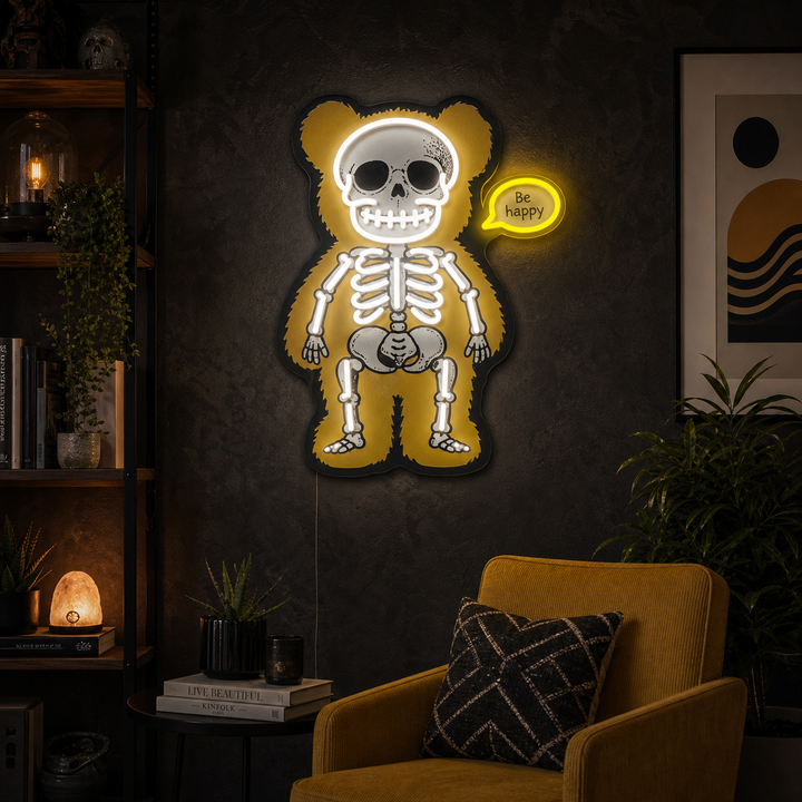 A graphic of a neon sign depicting an illustrative skeleton of a bear, featuring white lines and internal blue bone details, with an attached speech bubble above reading 'Be happy'.
