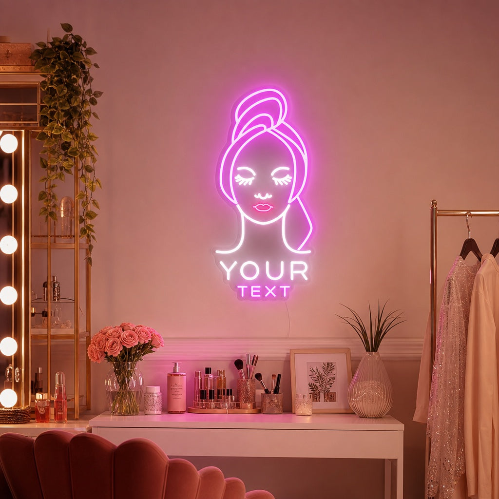 A custom text neon sign glowing softly on a beautifully decorated wall in a modern beauty salon reception area.