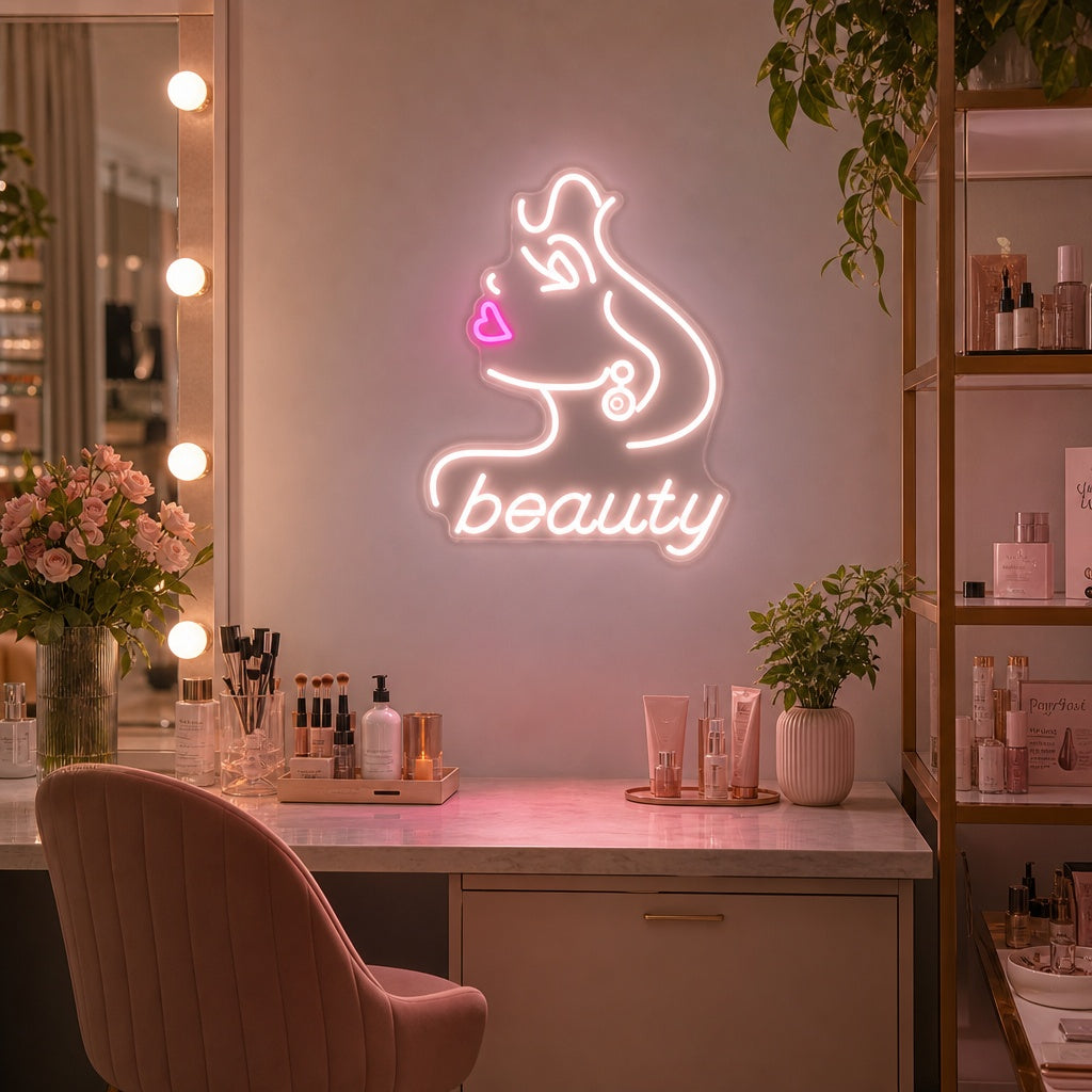 A stylish neon sign depicting the outline of a female face profile, illuminating a chic salon wall above a velvet chair.
