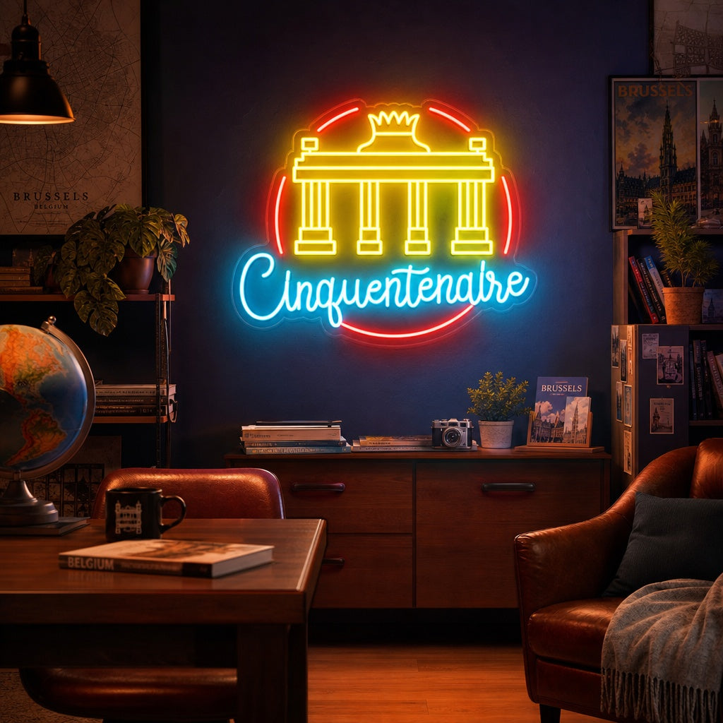 A illuminated neon sign depiction of the Cinquantenaire arch in Brussels glowing above a living room sofa, creating a cozy atmosphere.