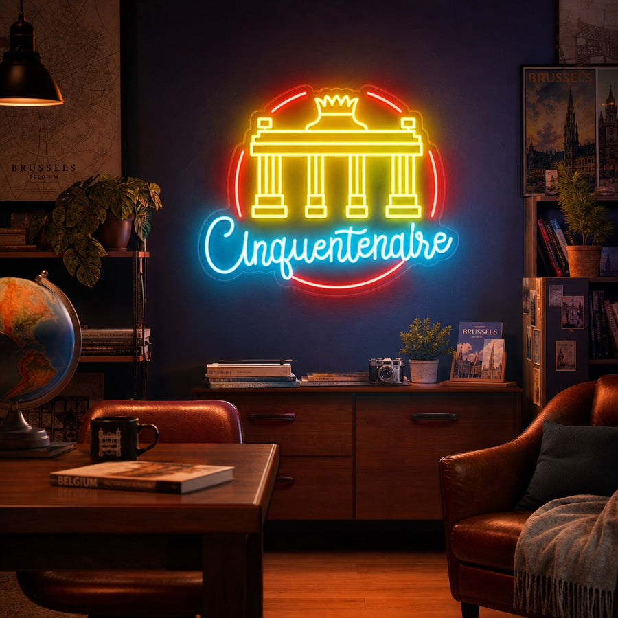 A illuminated neon sign depiction of the Cinquantenaire arch in Brussels glowing above a living room sofa, creating a cozy atmosphere.