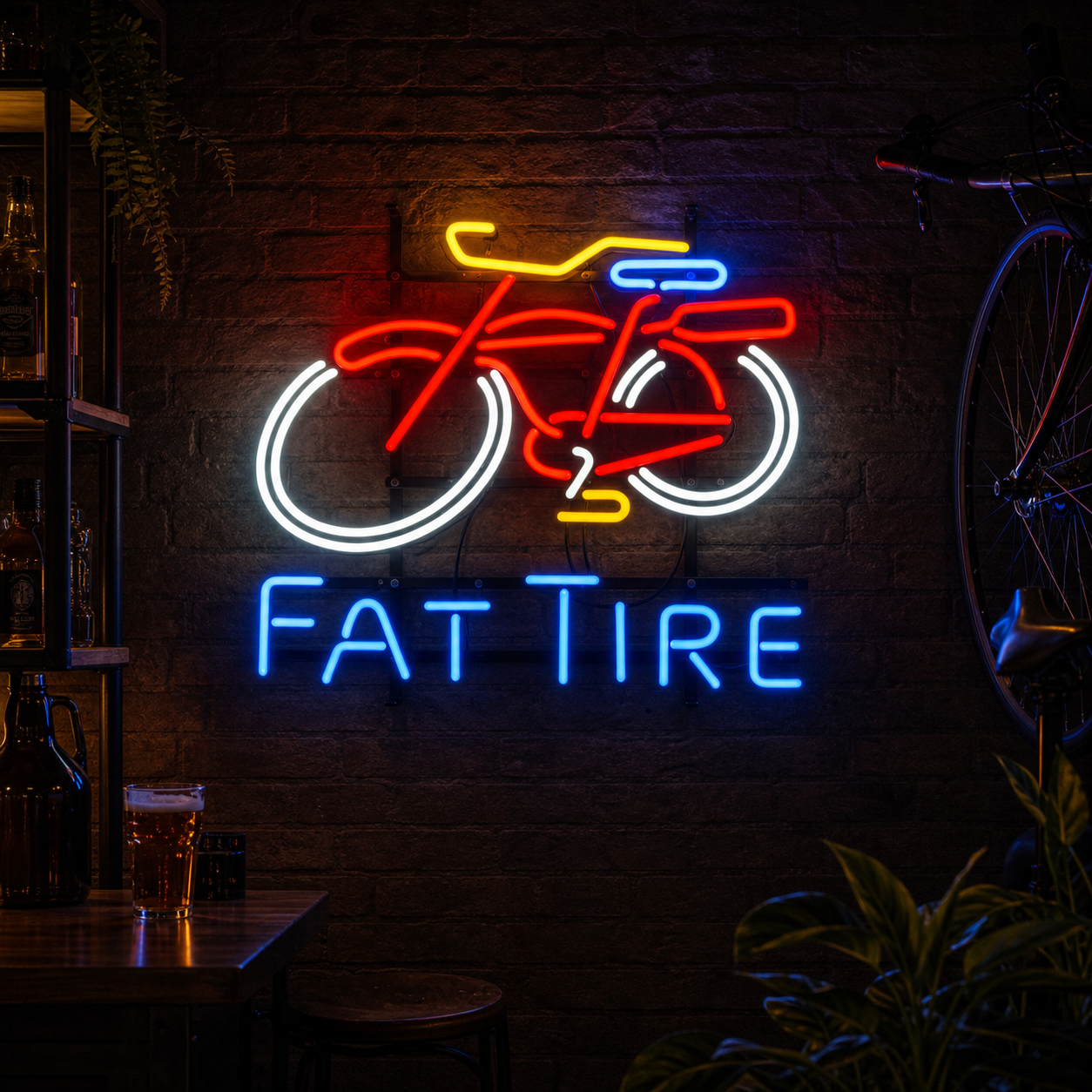 A real glass Fat Tire Beer neon sign with red and yellow tubing on a stand.