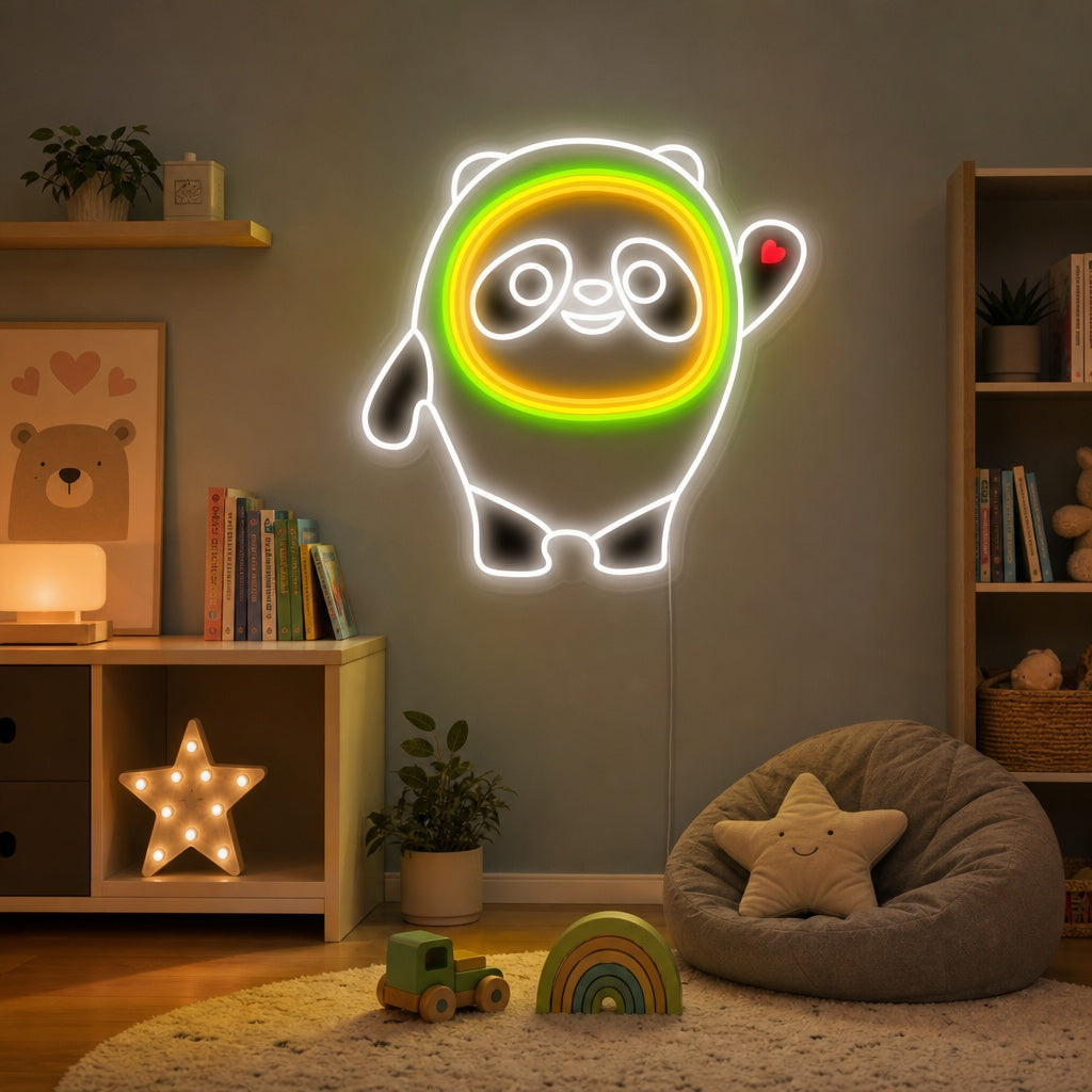 Adorable Bing Dwen Dwen Panda Doll neon sign illuminated on a wall above a child's bed in a decorated bedroom.