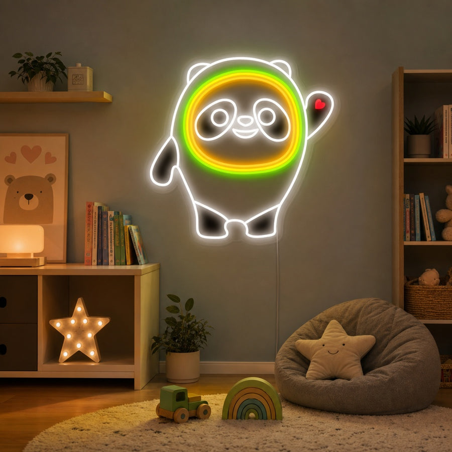 Adorable Bing Dwen Dwen Panda Doll neon sign illuminated on a wall above a child's bed in a decorated bedroom.