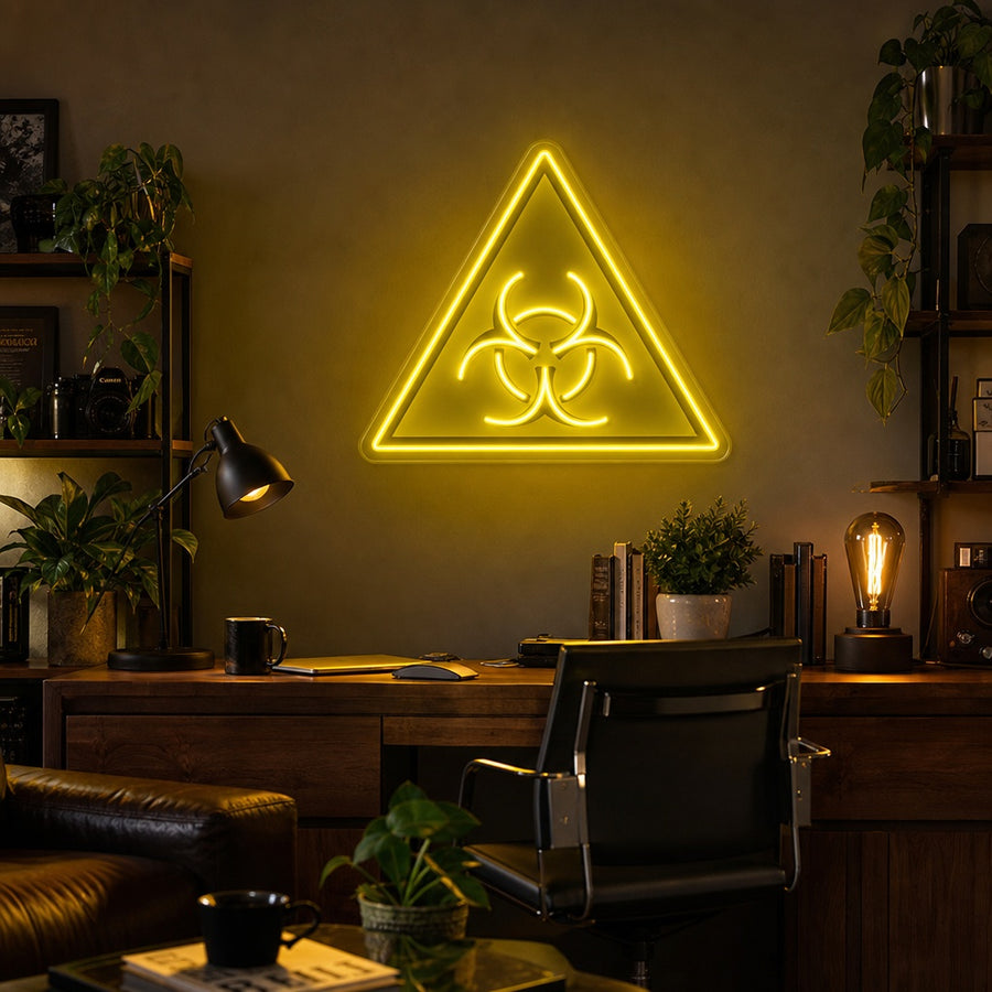 A glowing yellow Biohazard Warning sign, inspired by TV shows and movies, featuring the iconic tripartite symbol and text within a bright neon border against a dark background.