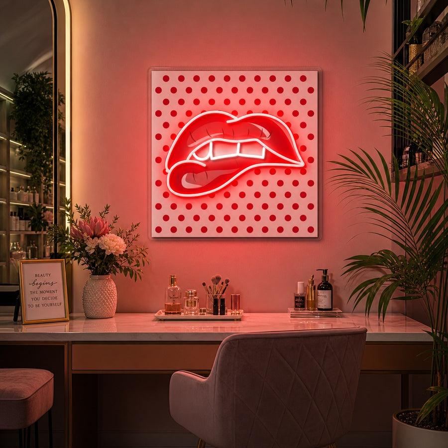 Biting Her Red Lips UV printed neon sign hanging in a stylish living room setting.