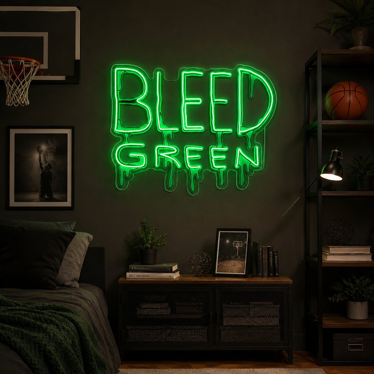 Bleed Green dripping letters Boston basketball neon sign