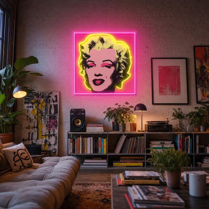 UV print neon sign featuring a pop art graphic of a blonde woman in a stylish interior setting.