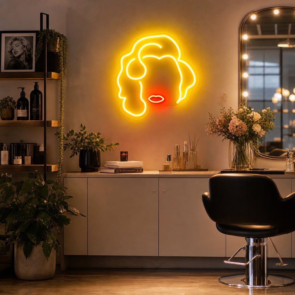 A lifestyle photo of the illuminated 'Blonde Girl' Neon Sign, featuring glowing lines depicting a woman's profile with blonde hair, mounted on a wall in a chic room.