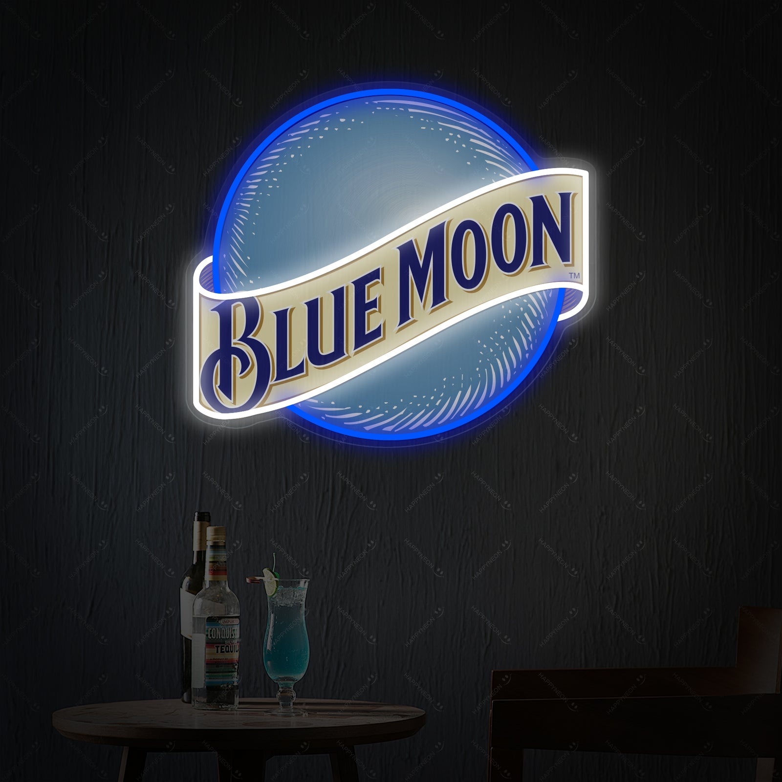 A glowing digital rendering of the Blue Moon logo and text as a neon sign concept, showing the blue and orange lights against a dark, styled bar background.