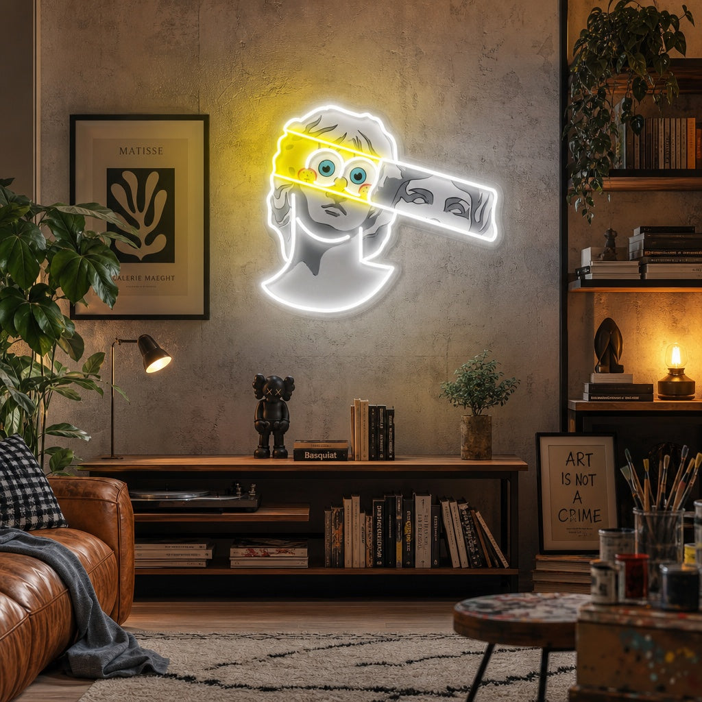 UV print neon sign depicting a classical Greek bust wearing modern sunglasses