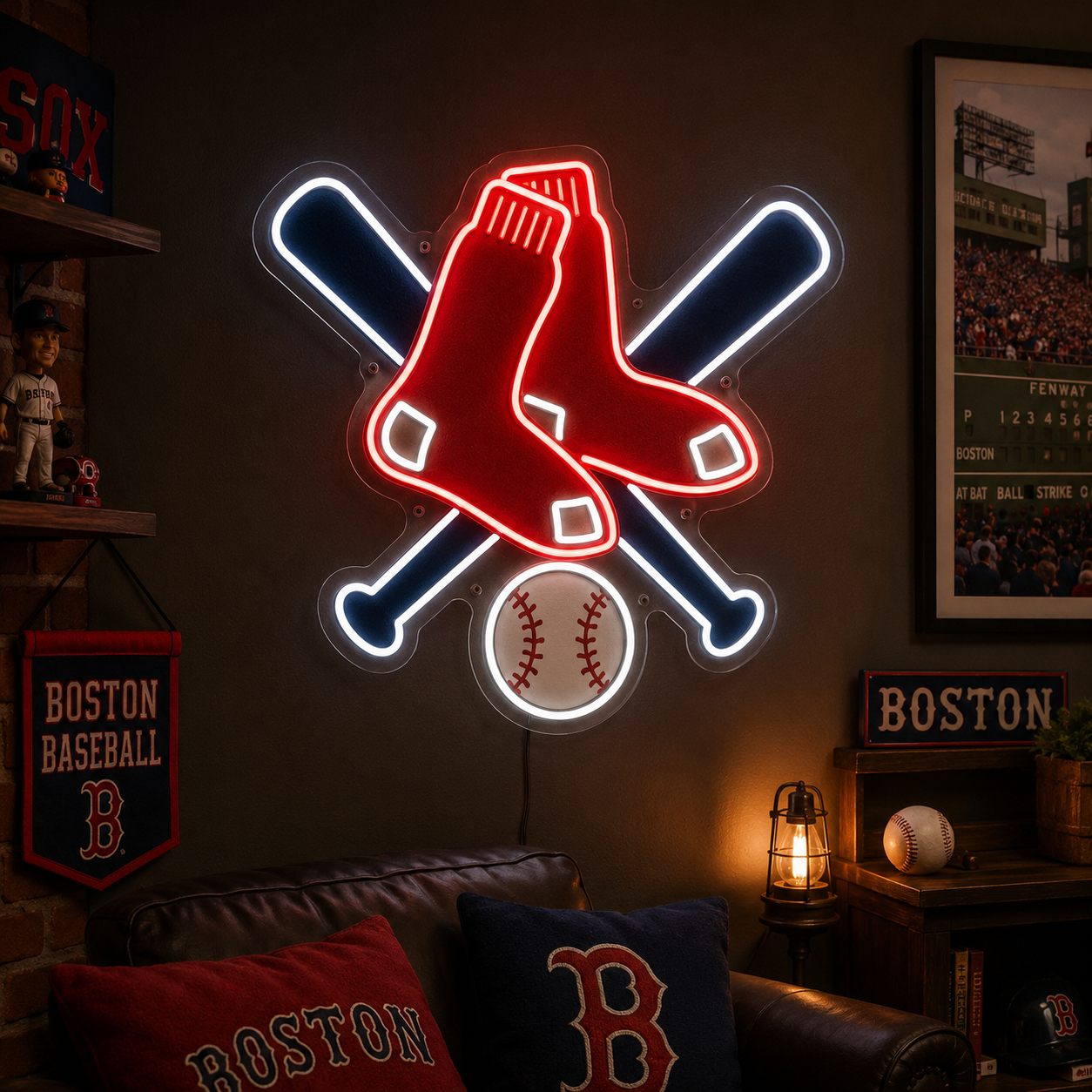Boston Red Sox crossed bats neon sign for a baseball room
