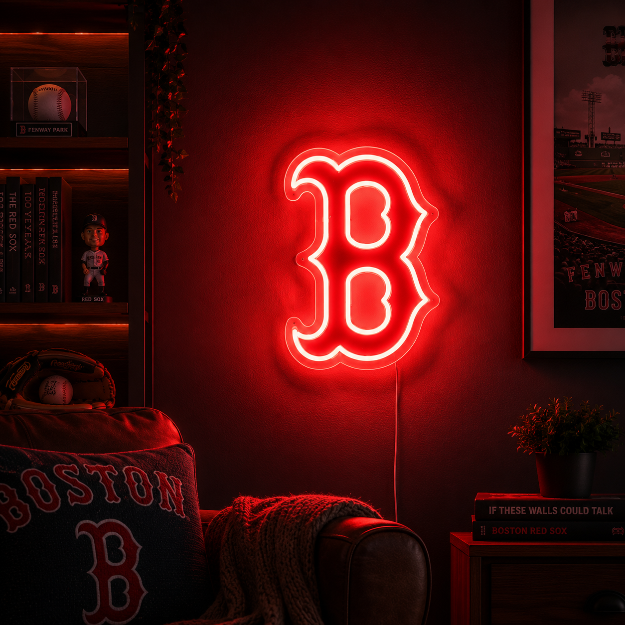 Boston Red Sox B logo neon sign in red and white