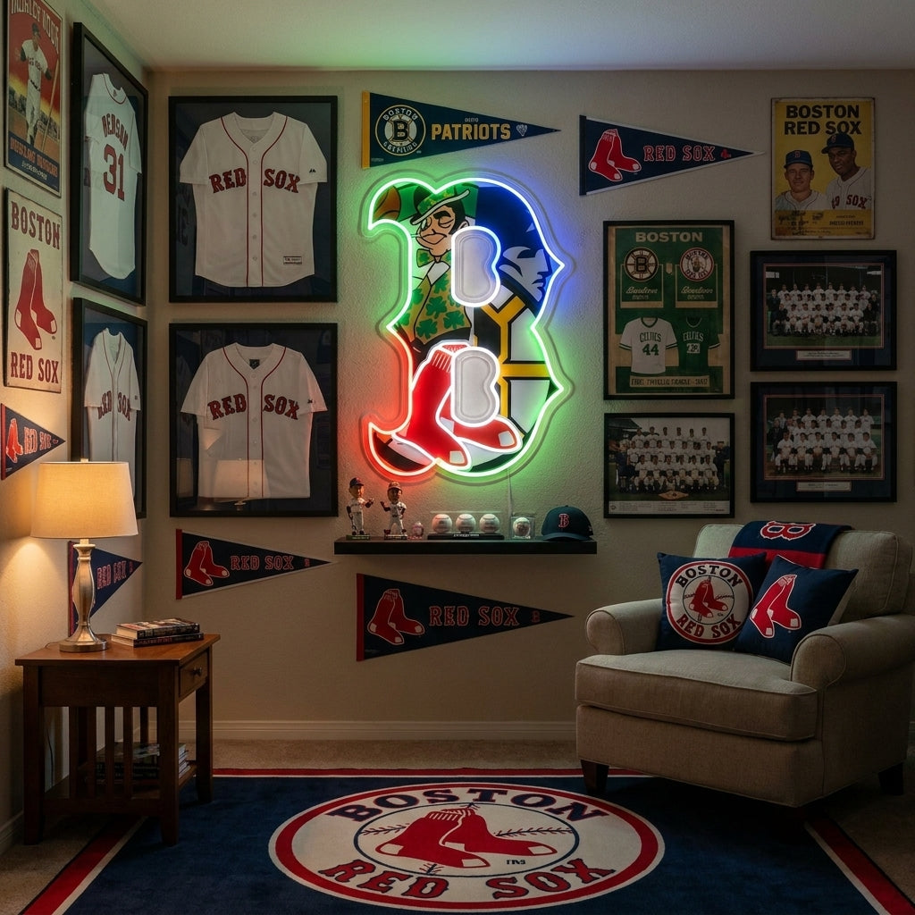 Boston sports mashup B neon sign for a multi-sport fan cave