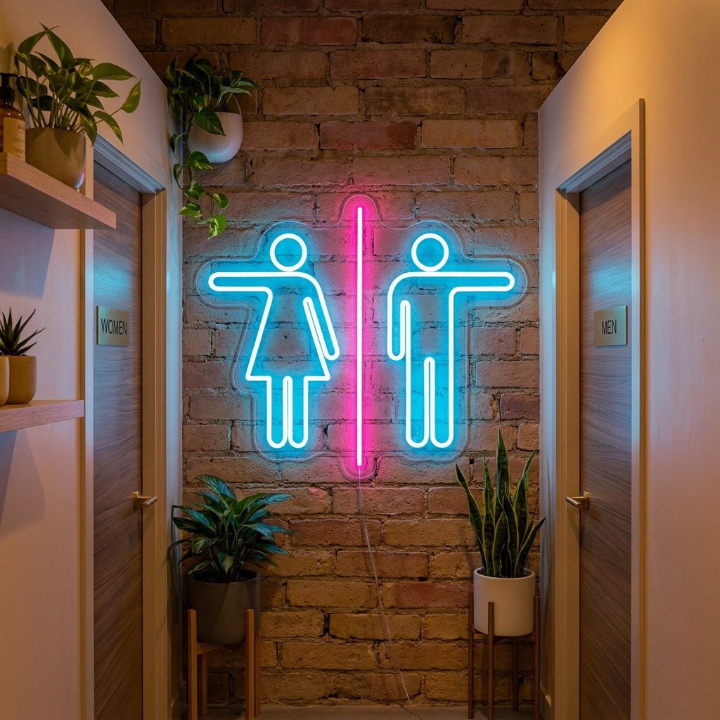 A glowing Boy and Girl WC Toilet neon sign mounted on a wall above restroom doors in a commercial setting.