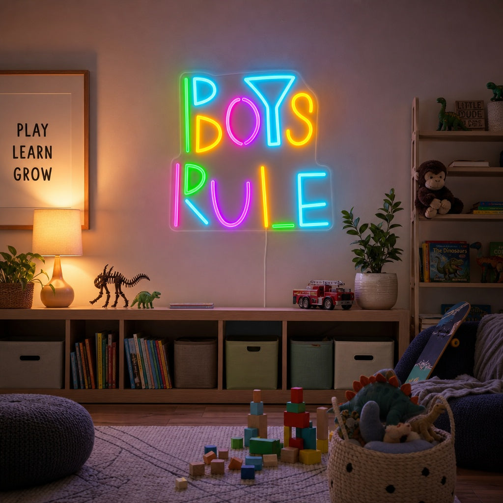 Boys Rule blue neon sign glowing in a modern kid's room above a desk