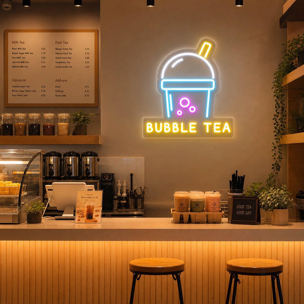 Vibrant, glowing neon wall decor of a stylized boba cup with tapioca pearls and a straw set against a textured blue and white painted wall.