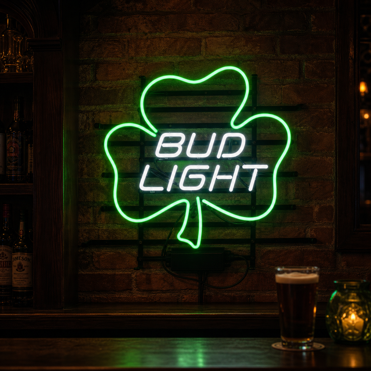 A real Bud Light Lucky Shamrock neon sign, glowing green with white text, featuring a shamrock and the Bud Light logo, mounted on a dark background.