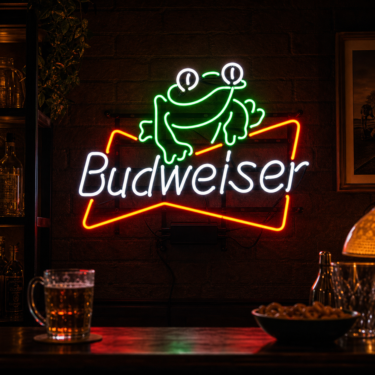 Bud Beer Frog vintage bar neon sign glowing brightly on a textured wall.
