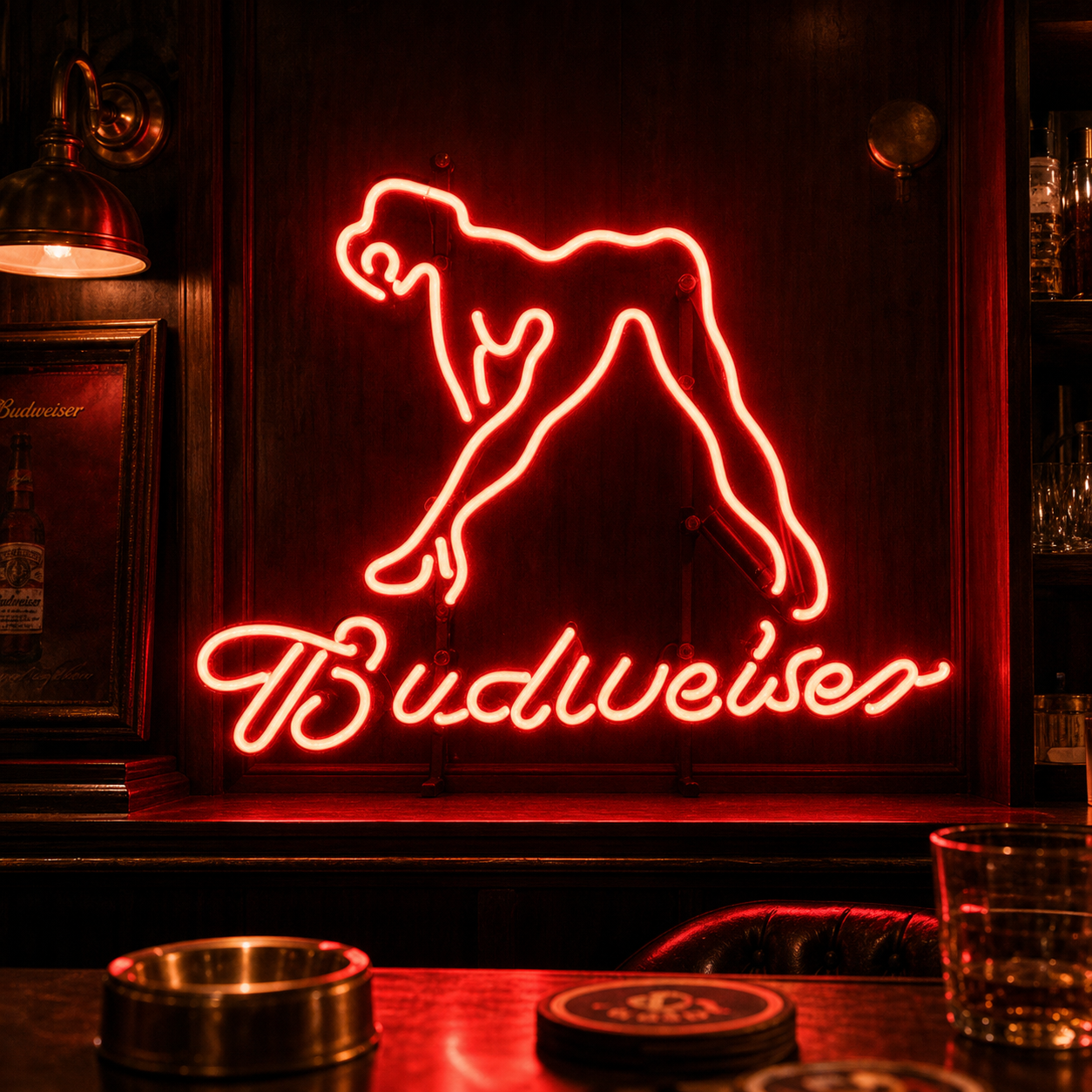 Bud Naked Girl neon sign glowing in a dark setting, showing the red and white Bud beer logo and figure design, with a realistic metal chain visible.