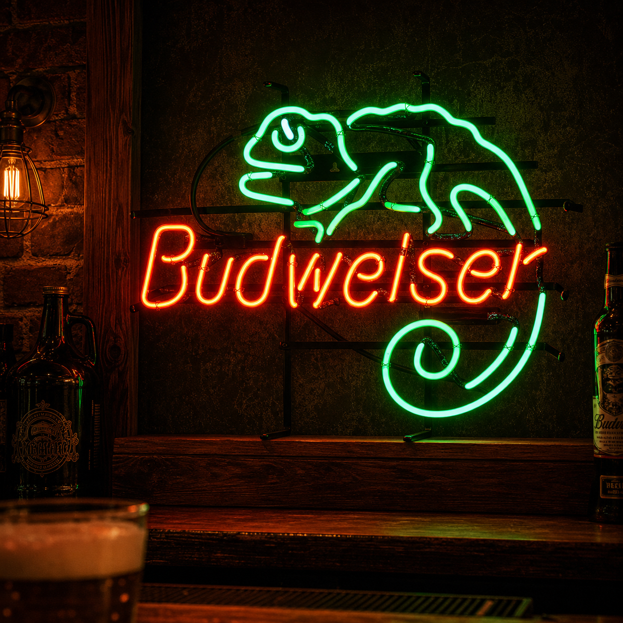 Bud Louie Lizard neon sign glowing blue, white, green, and red against a plain background