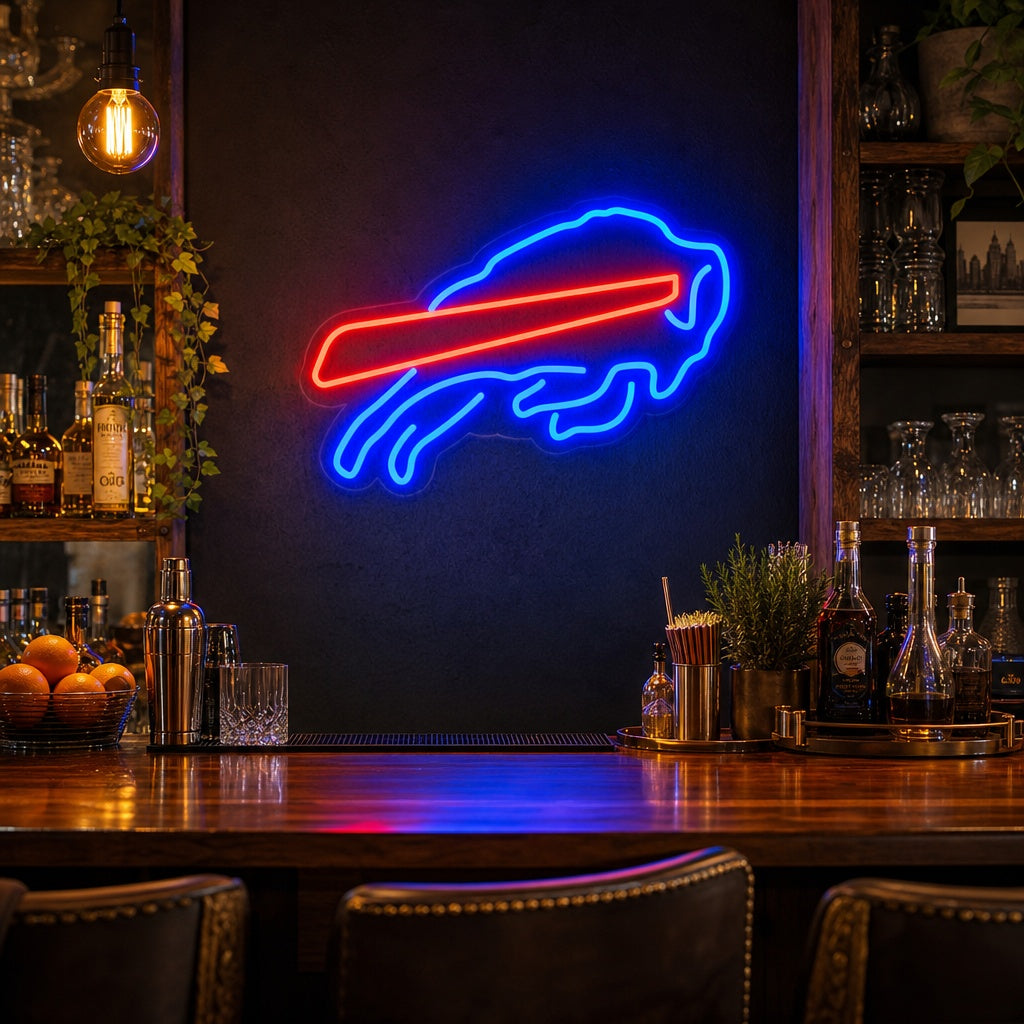 Buffalo Bills charging buffalo logo neon sign for a fan cave
