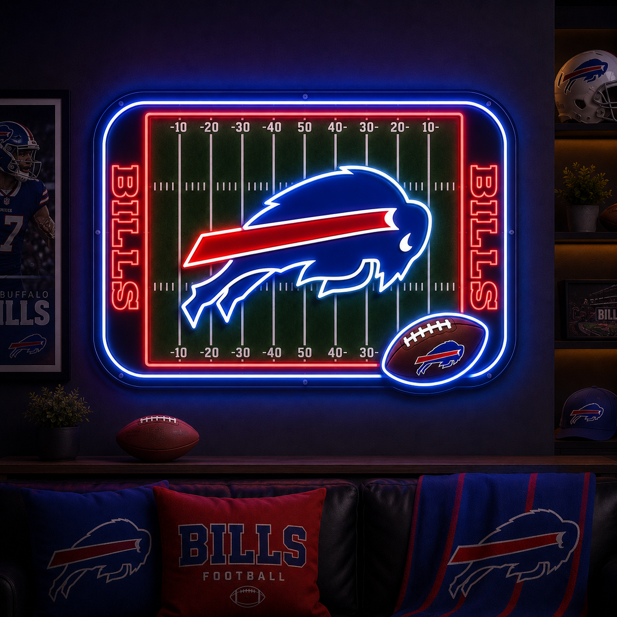 Buffalo Bills football field neon sign for a basement game room