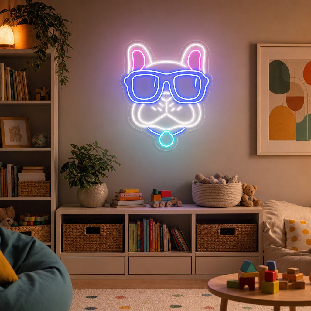 A lifestyle photo of a lit white and yellow Bulldog neon sign mounted on a gray textured brick wall above a modern credenza.