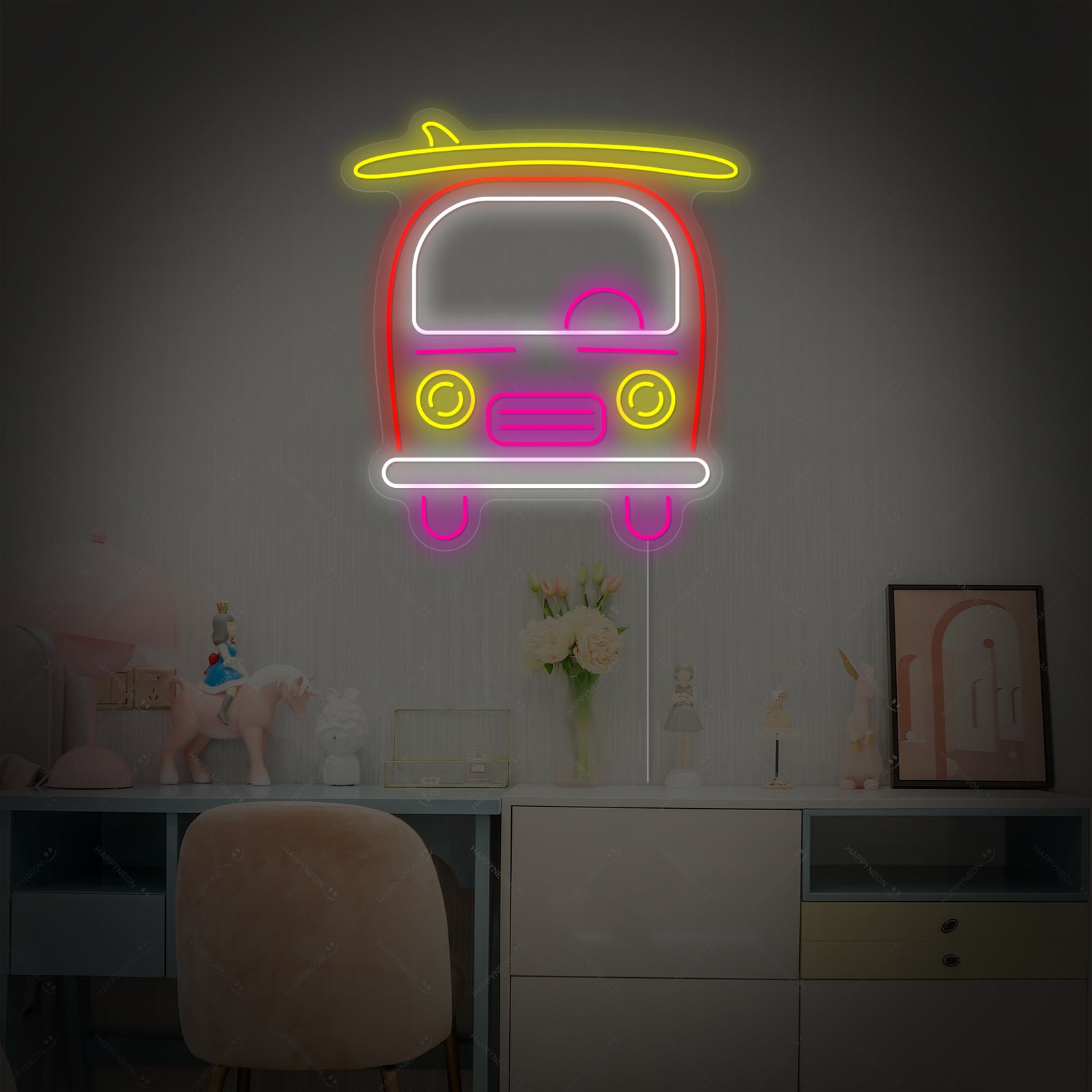 The glowing Bus Neon Sign design, showing its clean lines and vibrant color.