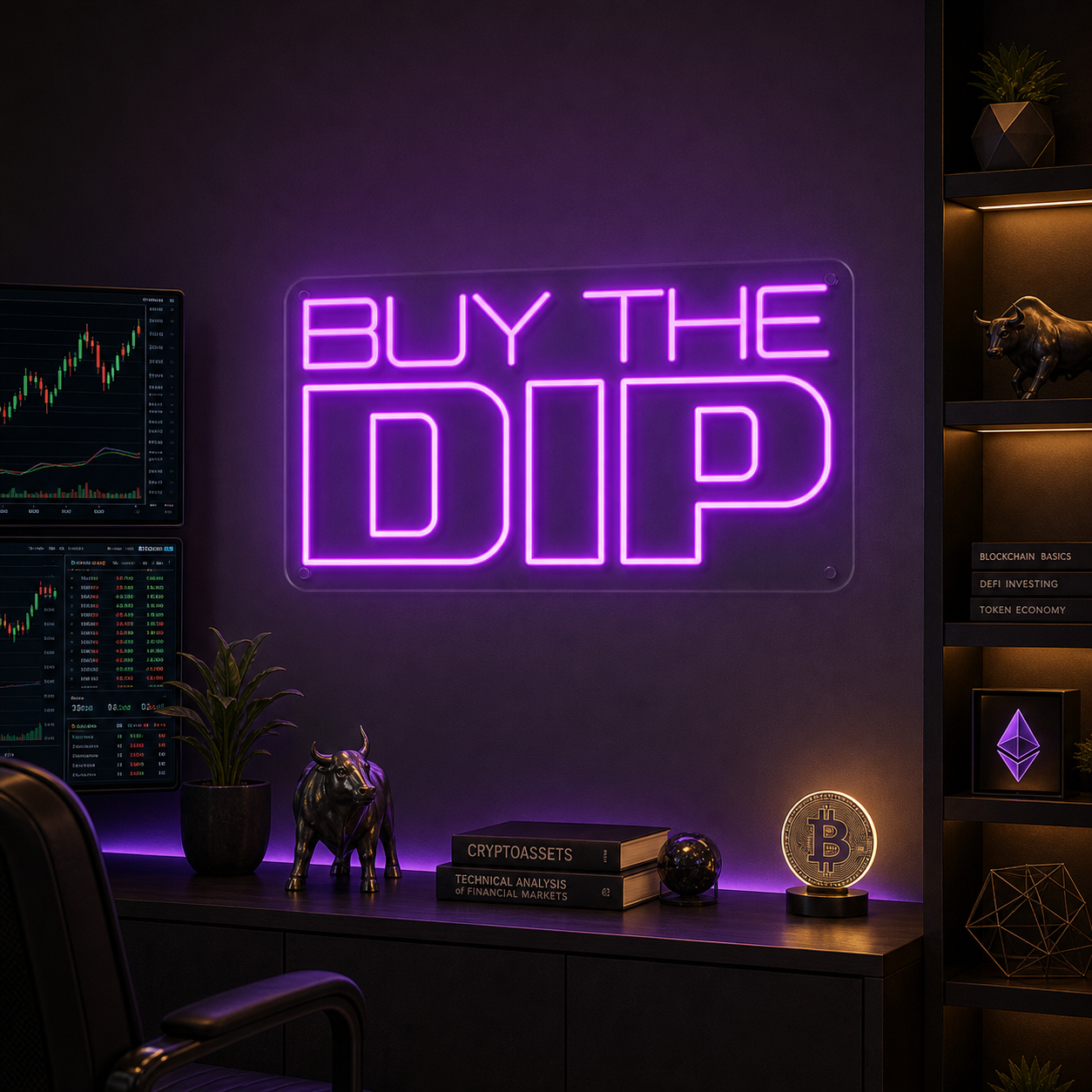 Bold blue 'Buy the Dip' neon sign glowing brightly on a textured grey office wall, featuring stylized text and a rising chart arrow graphic.